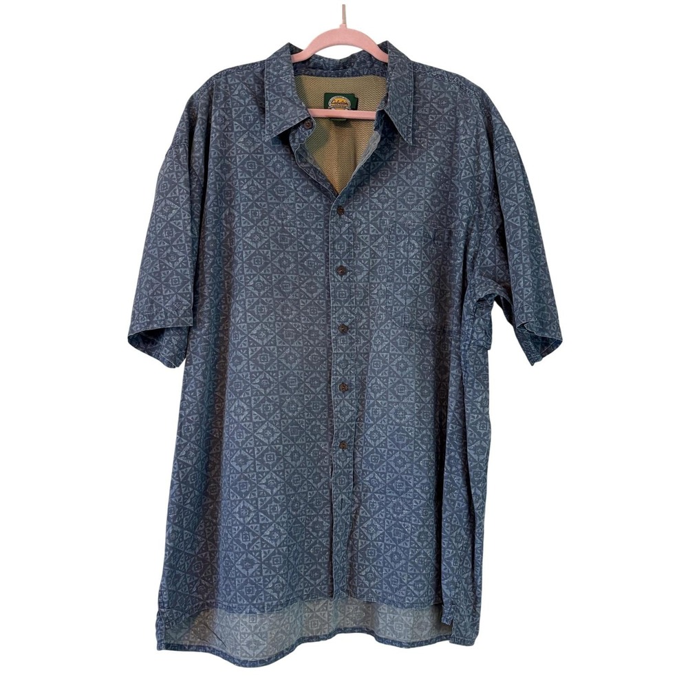 Cabelas Button Down Shirt Mens XL Blue Geometric Vented Fishing Outdoors Cotton